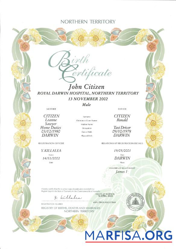 Realistic Australia Northern Territory decorative (commemorative) birth certificate template in PSD format